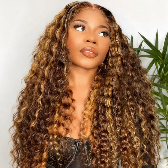 Highlight Lace Front Wigs Deep Wave #4/27 Ombre Colored Curly Water Wave Lace Human Hair Wig